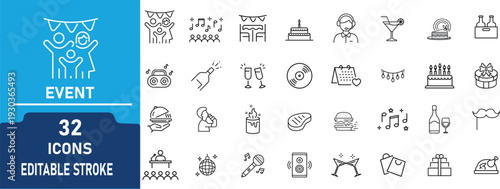 Event and Party Line Icon Set. Contain to related icons Celebration, Music, Food and more.Editable Stroke Vector. Vector illustration.