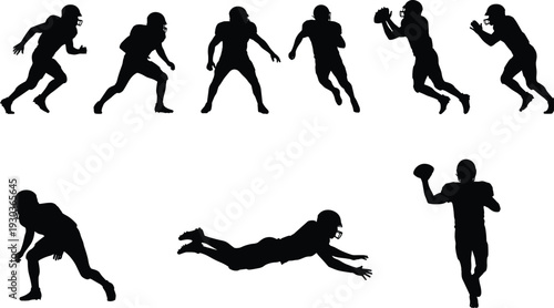 American football player silhouettes, dynamic sports action poses, running, catching, throwing, diving, defense stances, athletic motion, helmet uniform illustration