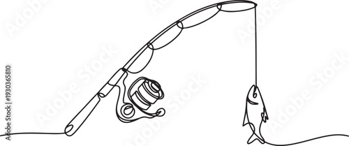 One continuous drawn single art line sketch fishing rod, spinning rod, reel, tackle, Continuous one line drawing of a fish on a rod. Fishing hobby concept.one line vector illustration 