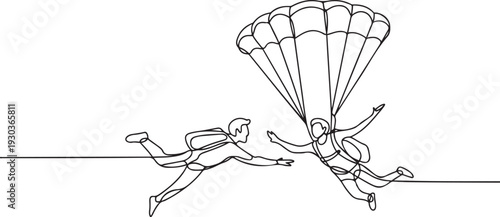 A parachutist is a sport of parachuting, jumping with a parachute from an airplane or other aircraft. A man and a woman are flying in the sky, enjoying the flight.one line vector illustration 