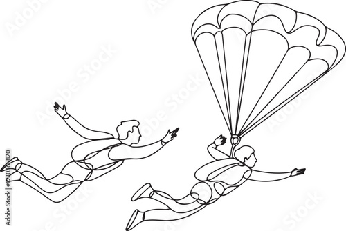 A parachutist is a sport of parachuting, jumping with a parachute from an airplane or other aircraft. A man and a woman are flying in the sky, enjoying the flight.one line vector illustration 