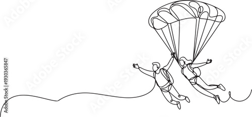 A parachutist is a sport of parachuting, jumping with a parachute from an airplane or other aircraft. A man and a woman are flying in the sky, enjoying the flight.one line vector illustration