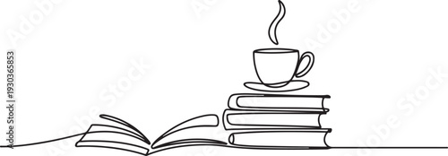 Stack books and cup of coffee in one continuous line drawing. Writing in diary and knowledge library concept in simple linear style.one line vector illustration with out Background