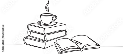 Stack books and cup of coffee in one continuous line drawing. Writing in diary and knowledge library concept in simple linear style.one line vector illustration with out Background