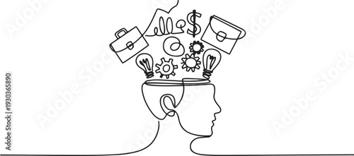 Continuous one line drawing Business icons are floating above head concept.one line vector illustration with out Background