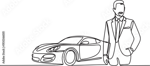 continuous one line drawing of successful man with luxury car background.one line vector illustration with out Background