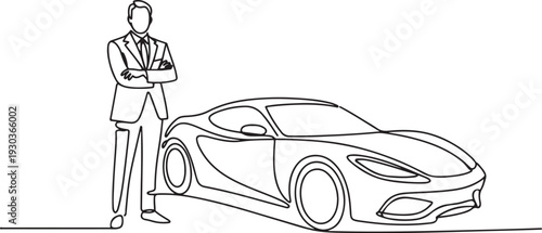 continuous one line drawing of successful man with luxury car background.one line vector illustration with out Background
