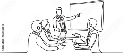One continuous line drawing of Business people are discussing and presenting their business in front of their clients. Business people activity.one line vector illustration with out Background