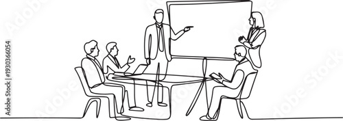 One continuous line drawing of Business people are discussing and presenting their business in front of their clients. Business people activity.one line vector illustration with out Background