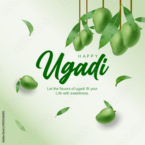 Fresh and modern Ugadi festival vector design featuring hanging raw mangoes and green leaves with stylish typography. Clean pastel background makes it ideal for social media posts, greeting cards.