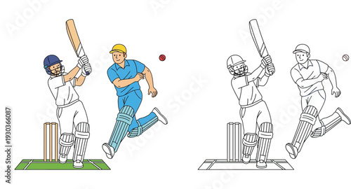 Cricket match action vector illustration featuring a batsman hitting the ball and a running fielder, showing both colored and black and white line art outline versions.