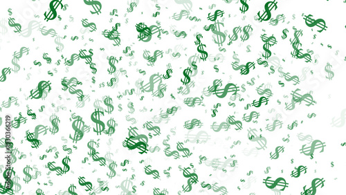 A shower of green dollar signs of various sizes and opacities falling against a clean white background. Abstract vector illustration for finance or wealth concepts.