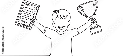 continuous line drawing of a child showing a certificate and trophy.one line vector illustration with out Background