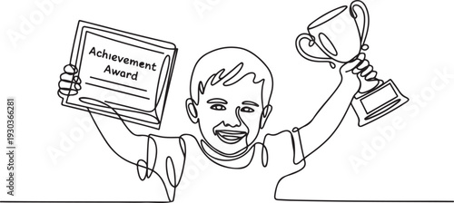 continuous line drawing of a child showing a certificate and trophy.one line vector illustration with out Background