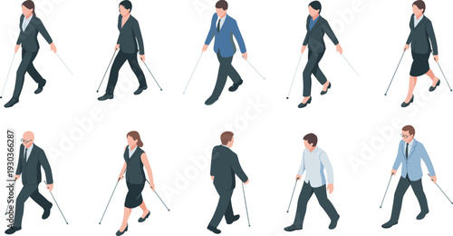 Blind business people walking with white cane set, visually impaired men and women vector illustration isolated