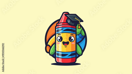 Cute crayon mascot education logo, flat vector illustration, bold outline, bright colors, playful kids school theme