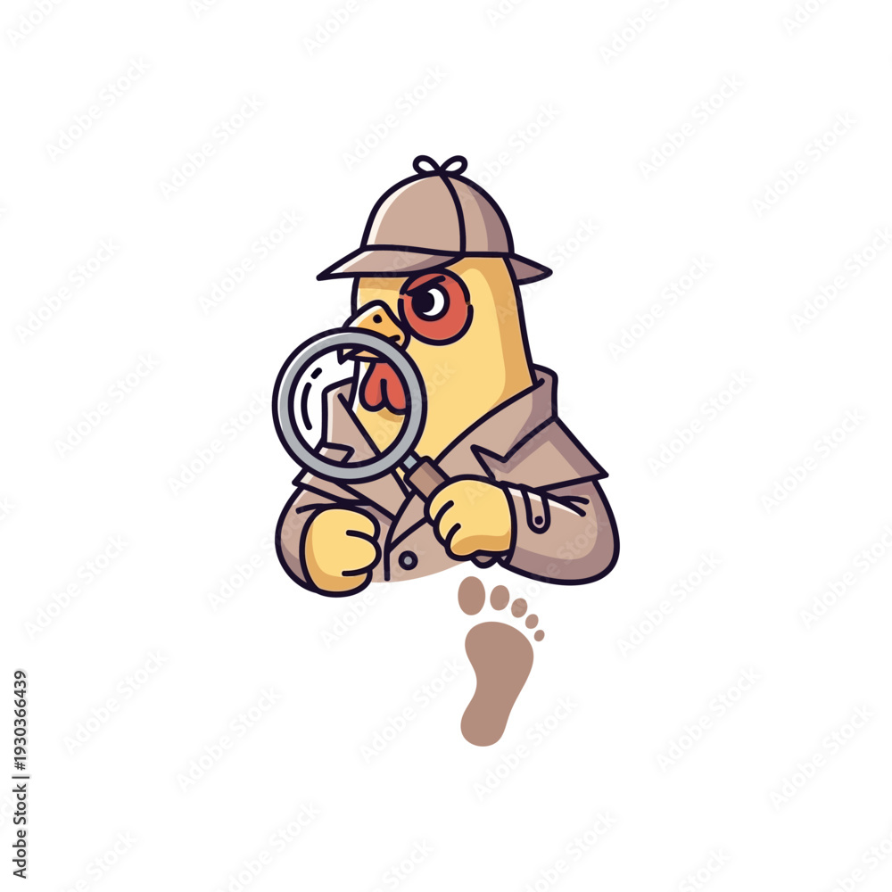 Naklejka premium Cartoon chicken detective with magnifying glass and footprint illustration