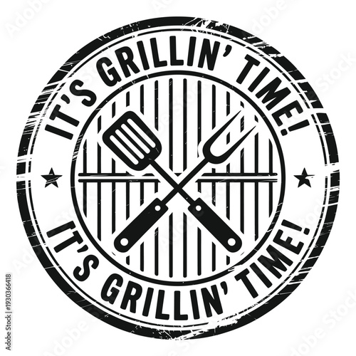 Grilling time logo with crossed utensils and grill pattern