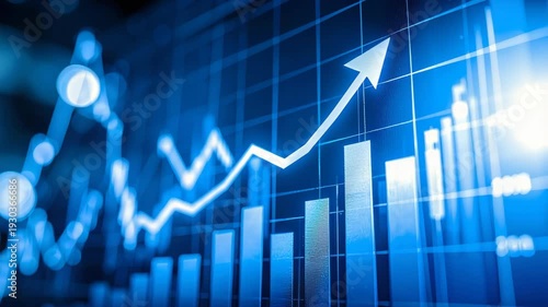 Blue financial stock market graph showing rising bar charts and upward arrow for business success and profit growth