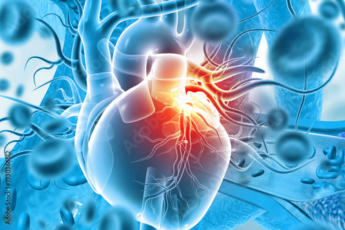 Cinematic 3D medical visualization of a realistic human heart surrounded by flowing microscopic red blood cells in a dark vascular environment.