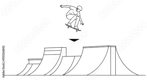 Skateboarder performing an aerial trick above a series of ramps in a skate park, showcasing dynamic movement and skill in a minimalist line art style