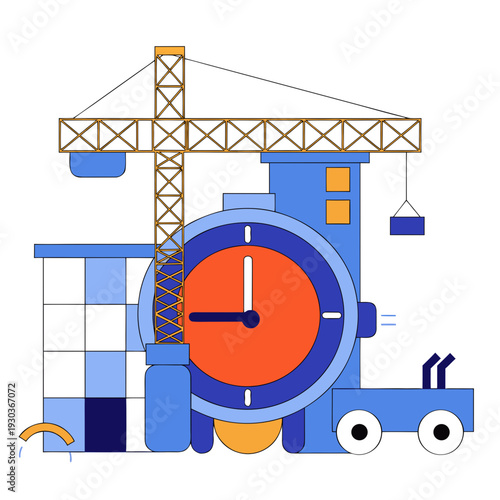 A clock next to a construction site with a crane
