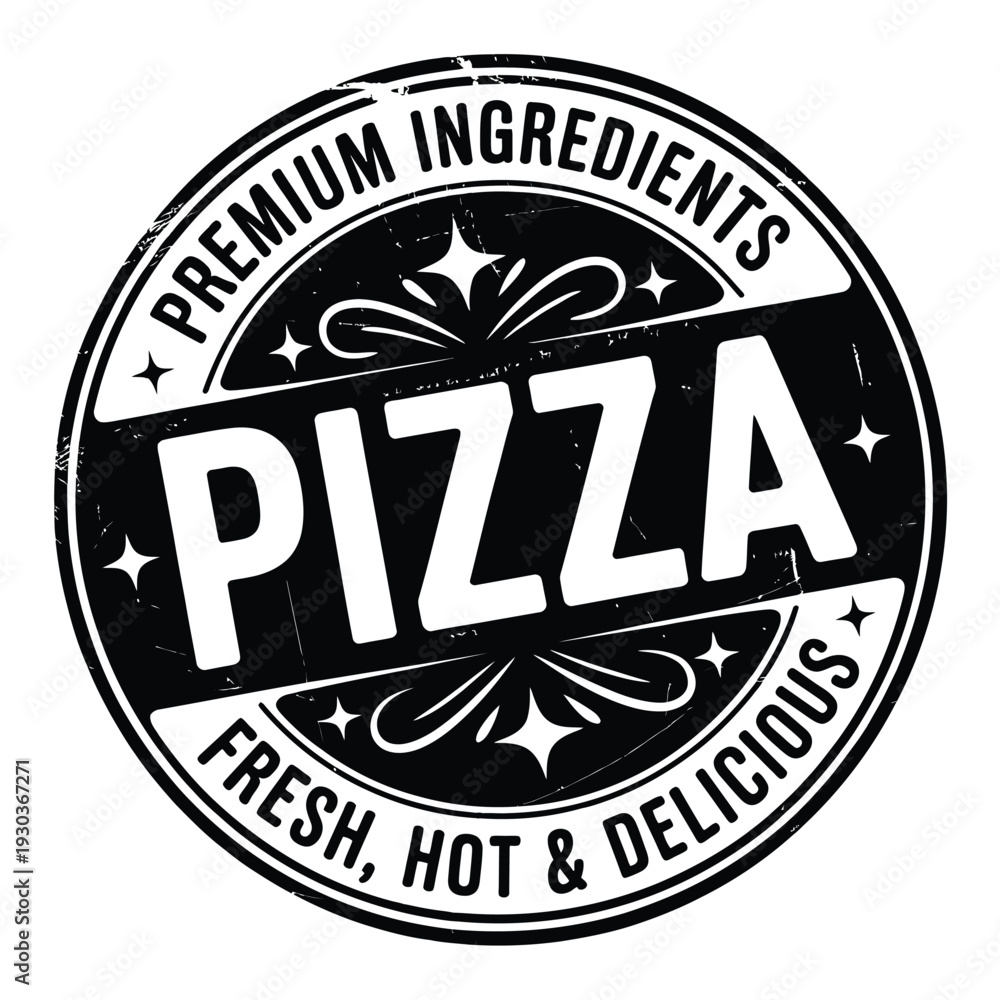 Fototapeta premium Black and white pizza logo with premium ingredients text