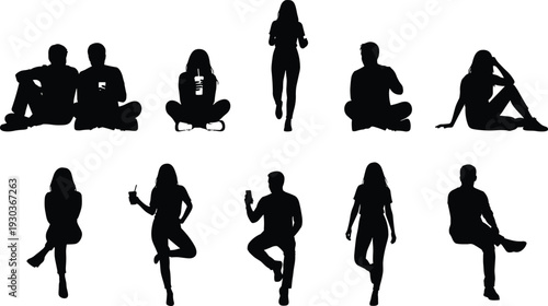 Black people silhouette collection featuring men and women sitting, standing, walking, and using mobile phones for architectural visualization, lifestyle scenes, and urban design projects.