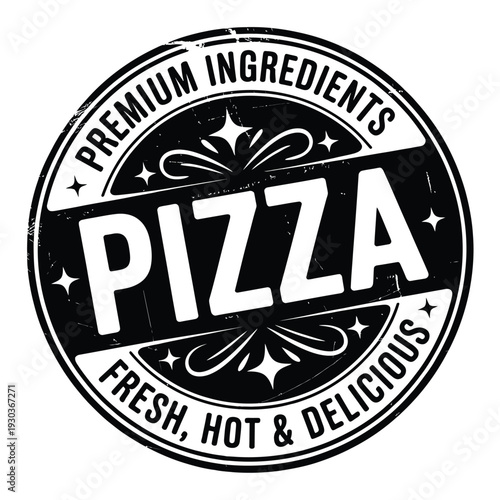 Black and white pizza logo with premium ingredients text