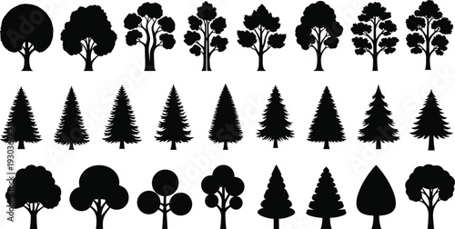 Black tree silhouette collection featuring deciduous oaks, coniferous pines, forest evergreens, and diverse leaf shapes for environmental nature design, landscape architecture, 