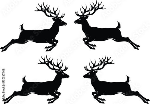 Black reindeer silhouette collection featuring four jumping stags with large antlers for Christmas holiday decor, winter nature scenes, wildlife hunting logos, and forest illustrations.