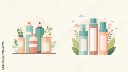 Flat vector illustration of natural beauty and personal care products. Skincare and haircare bottles with botanical elements, promoting wellness and clean design