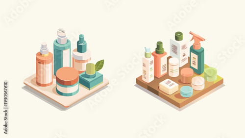 Aesthetic isometric illustrations of natural personal care and beauty products, meticulously arranged on display, representing modern wellness routines and eco-care essentials