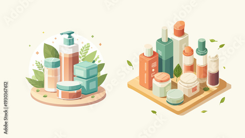 Gentle natural skincare product collection with botanical elements, showcasing eco-friendly cosmetic bottles, jars, and dispensers for a refreshing beauty routine