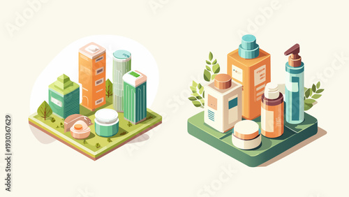 Isometric Illustration Blending Urban Lifestyle and Modern Beauty Products for Contemporary Self-Care and Wellness Routines