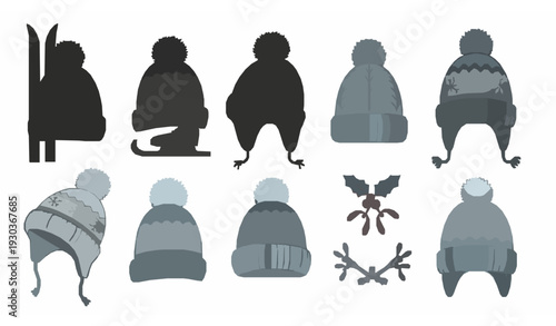 Winter sports knitted beanie hats cartoon silhouettes vector holiday set