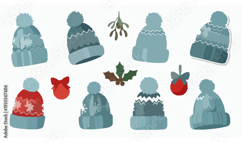 Christmas winter knitted wool hats cartoon doodle vector collection