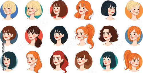 Diverse Female Avatar Portrait Set Featuring 18 Modern Hairstyles and Vibrant Hair Colors in Colorful Circular Frames for Social Media and UI Design