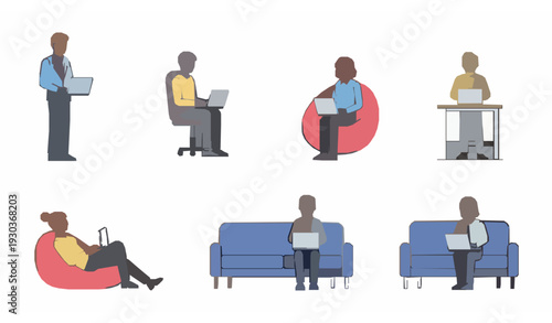 Remote Work Business People Set Working on Laptop at Home Flat Vector Illustration