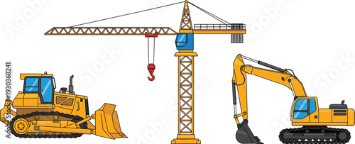 Construction machinery set with bulldozer, tower crane and excavator, heavy equipment vehicles isolated on white background illustration