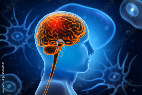 3D medical visualization of a human brain featuring detailed anatomical lobes set against a fluid, abstract amoebic background with organic shapes and glowing particles.