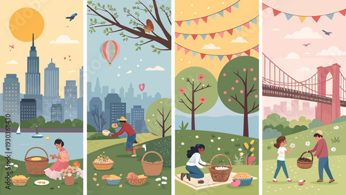 Diverse people enjoying outdoor picnics and leisure activities in urban parks with city skylines and bridges