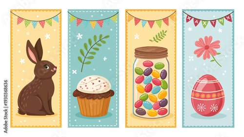 Festive easter bookmarks featuring a chocolate bunny cupcake jelly beans in a jar and decorated egg with floral