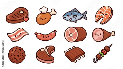 Assorted Cartoon Meat and Seafood Illustrations.