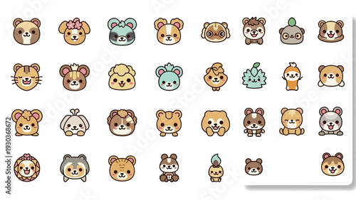 Collection of Cartoon Animal Faces and Emoticons.