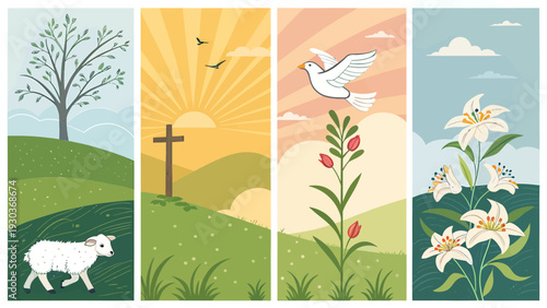 Christian easter religious symbols of spring rebirth and resurrection lamb cross dove lilies and blooming plant