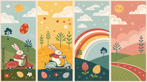 Whimsical easter scene with cheerful bunnies riding scooters through rolling hills celebrating spring with colorful