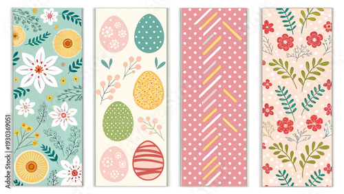 Set of four decorative vertical banners featuring charming floral patterns and whimsical easter egg designs perfect