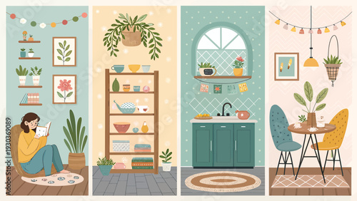 Cozy home interior scenes with plants reading nook shelving unit and kitchen area evoking comfort and relaxation