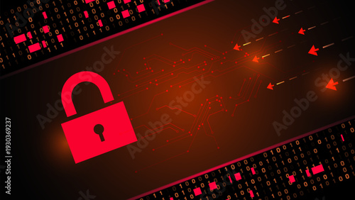 Abstract cybersecurity concept with a red padlock and binary code 0, 1. Digital background with circuit lines and arrows represents data protection or a cyber attack.